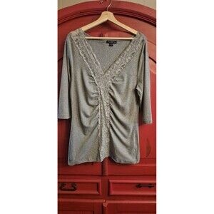 Twist Tees Size 0 or 2X Gray Lace Trimmed Shirt 3/4 Sleeves Grey Soft Fall EUC